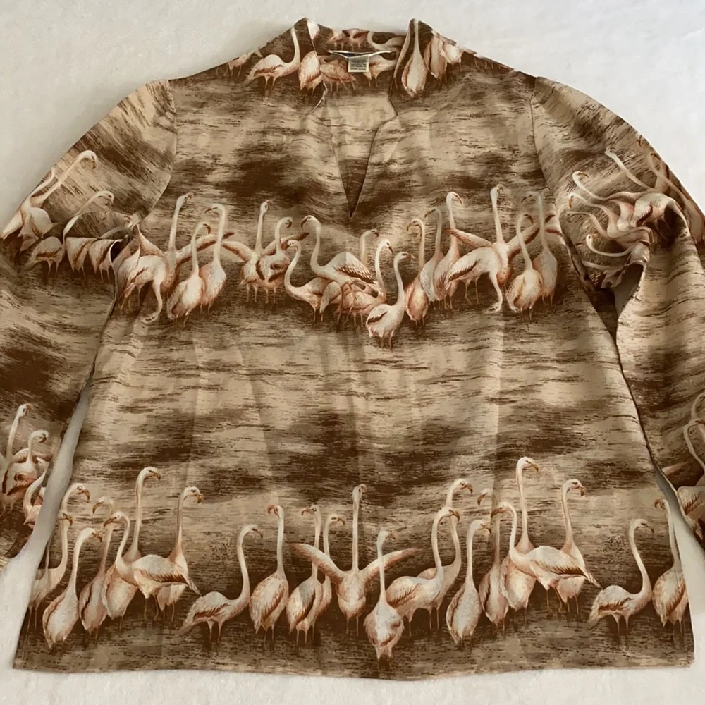 {VTG} Alex Colman Sportswear | 70s Flamingo Print Lightweight LS Pullover Blouse - Picture 3 of 16